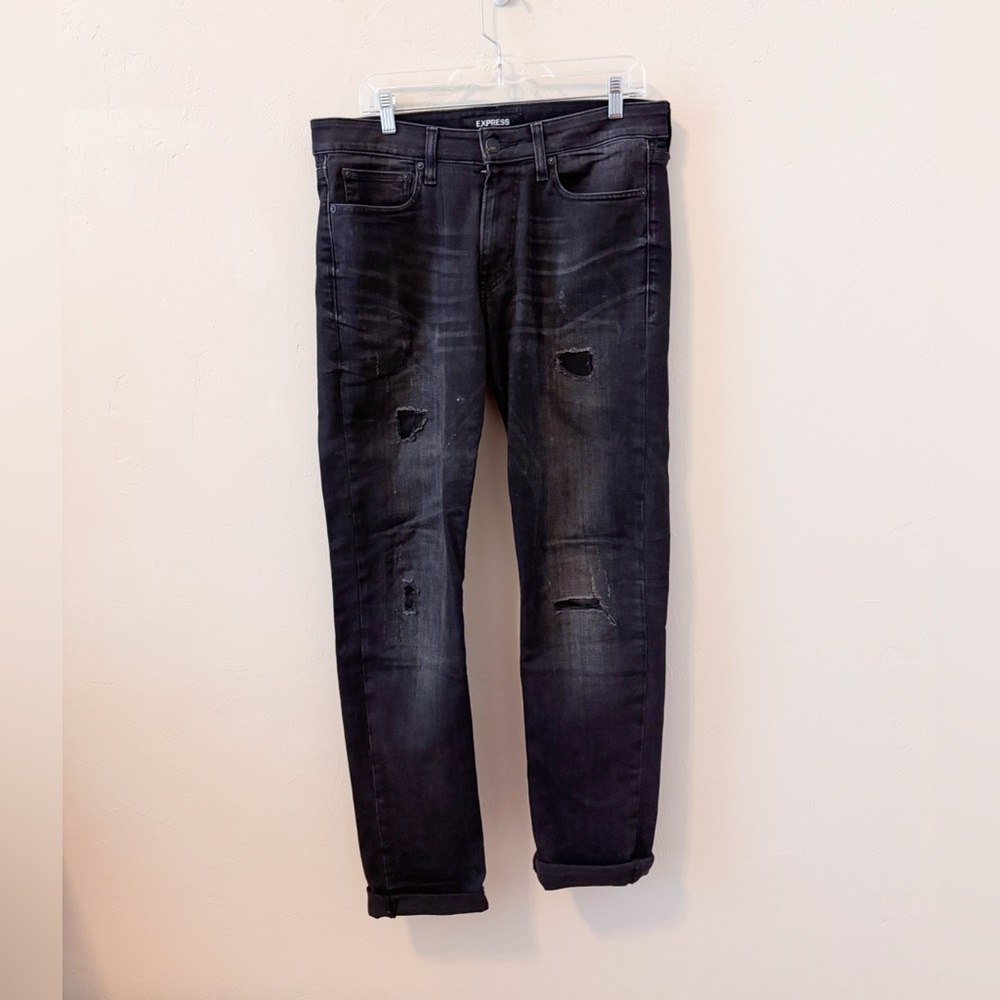 Express Men's Charcoal Distressed Hyper Stretch Skinny Jeans